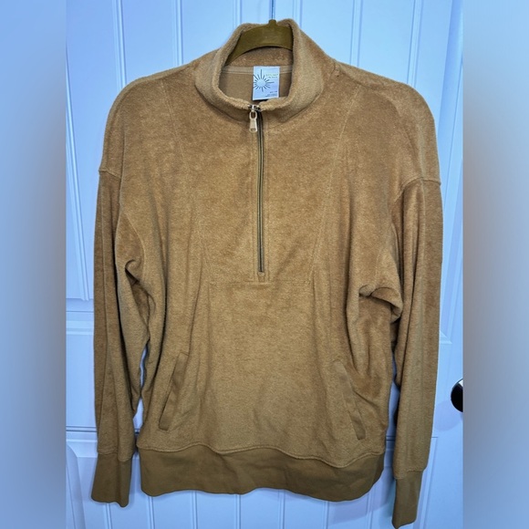 Offline by Aerie Camel Terry Cloth Half Zip Sweatshirt - Picture 2 of 7